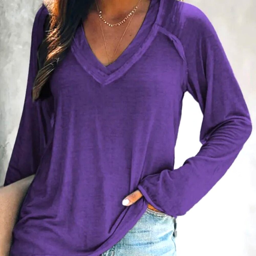 PURPLE SIZE LARGE OVERSIZED V-NECK REVERSE STITCH RAGLAN SLEEVE JERSEY TEE TOP